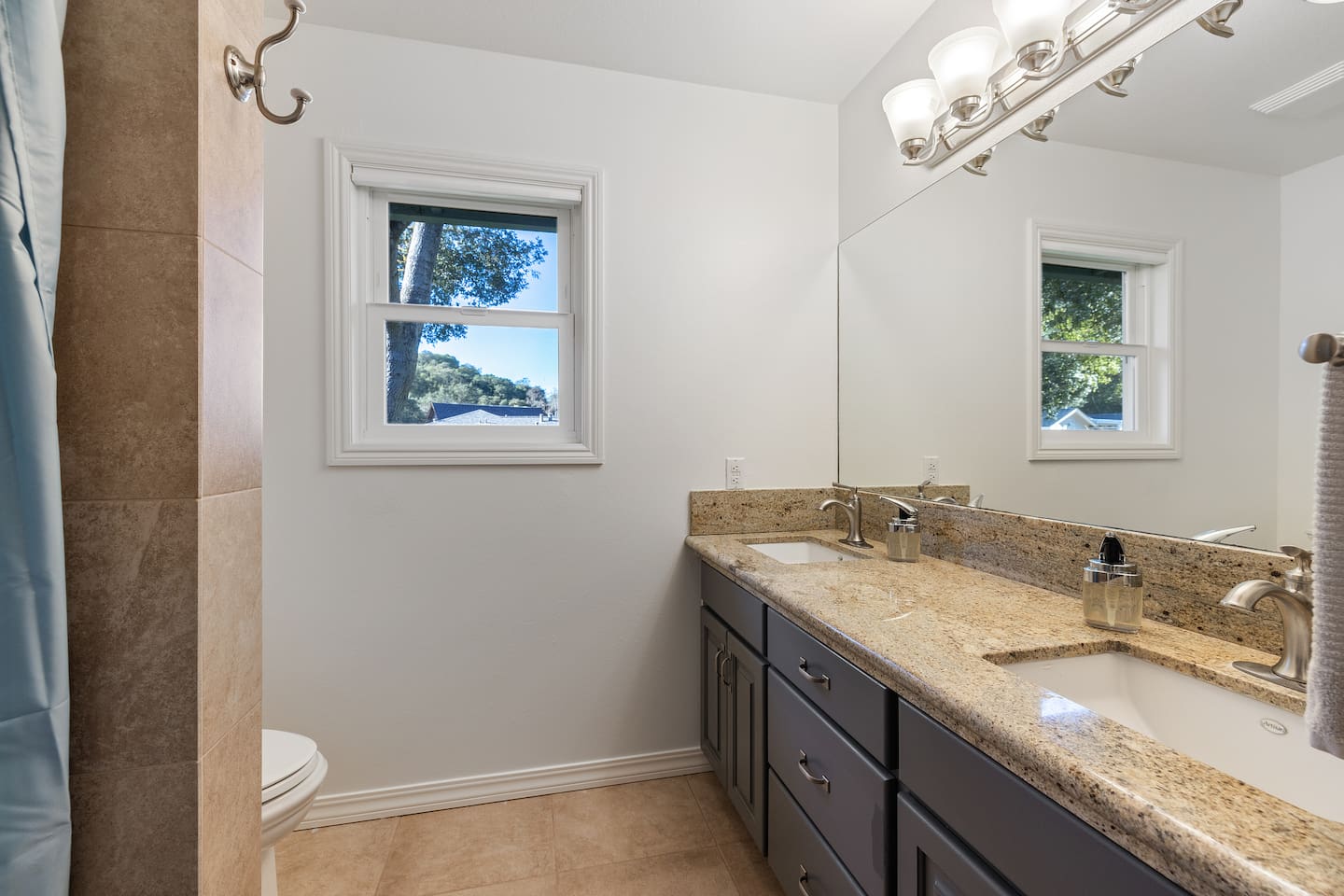 Hall Full Bathroom: two sink vanity, toilet, walk-in shower, storage.