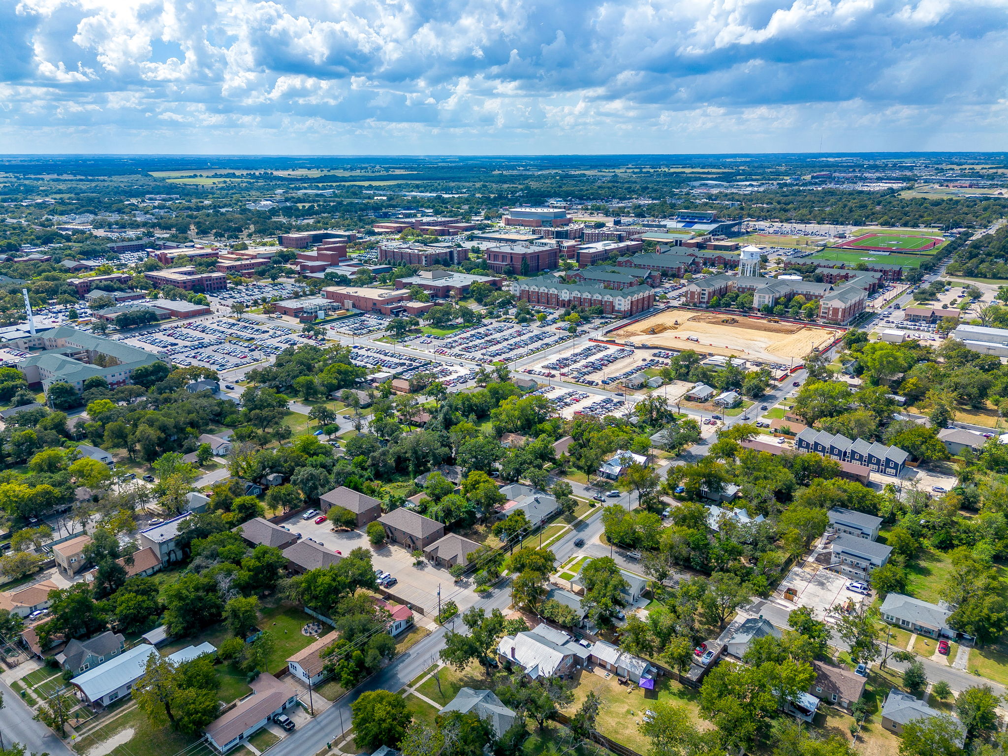 Overhead shot highlights Tarleton’s stadium and how close the house is