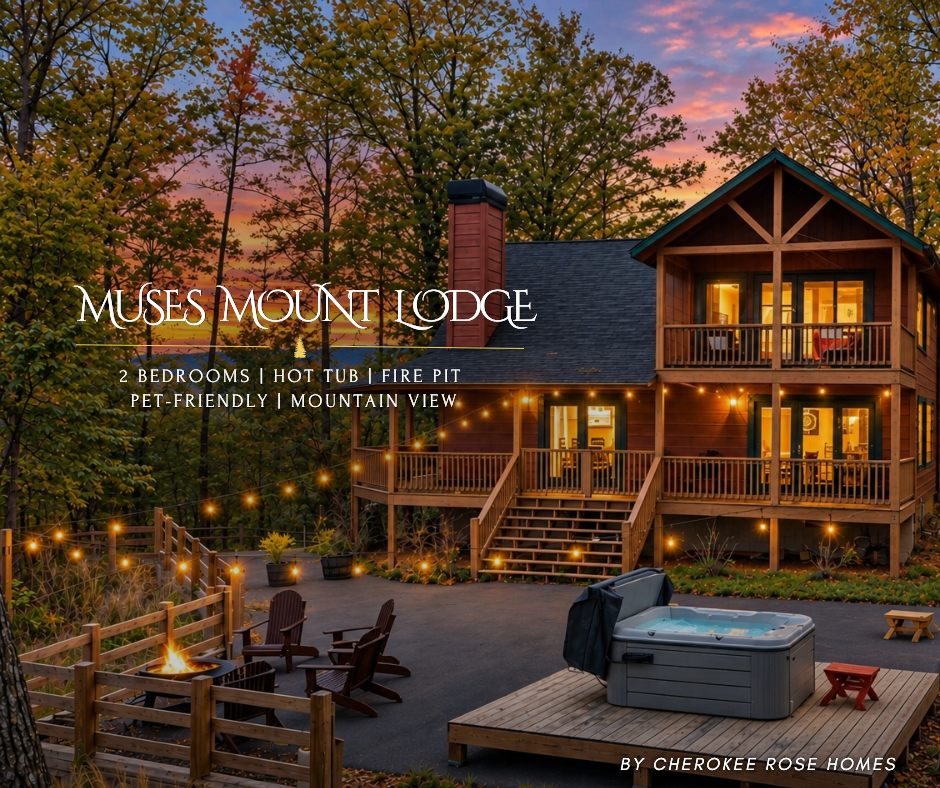 Muses Mount Lodge combines rustic mountain charm with a more luxurious stay, featuring high ceilings, large windows, beautiful views, and a gourmet kitchen.