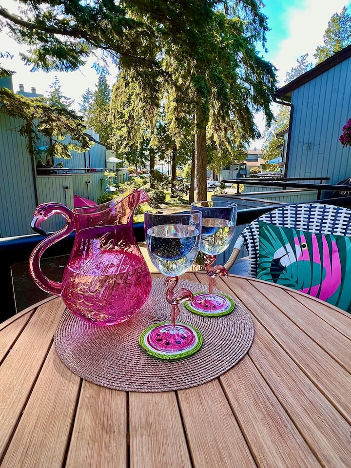 Enjoy views of the garden and peekaboo views of the bay from our sunny balcony!