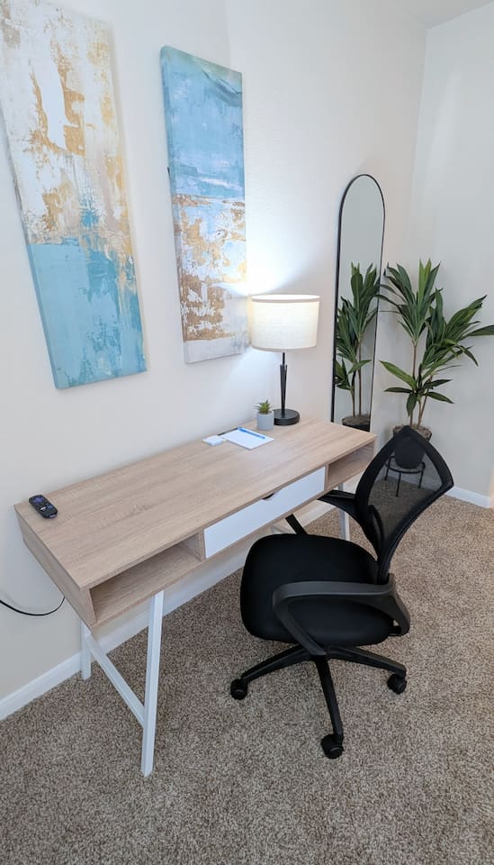 The dedicated workspace has plenty of storage, fast wi-fi, and easy access to electrical outlets.