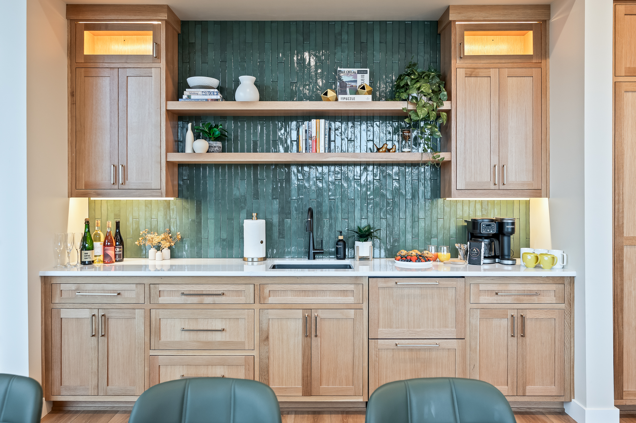 Wet bar adjacent to the dining table with 12-cup drip coffee maker (coffee beans provided), coffee grinder, frother, and 2 pull-out refrigerator drawers