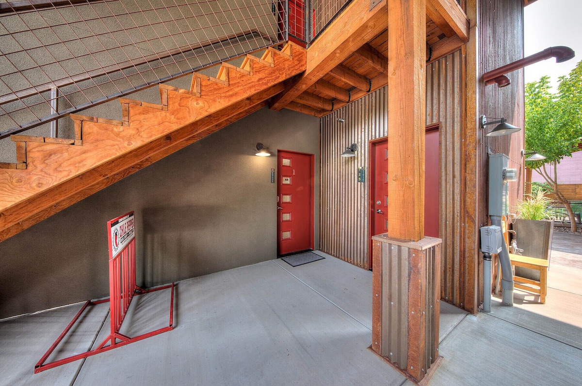 Stairs to upper level units and a nice bike rack to use