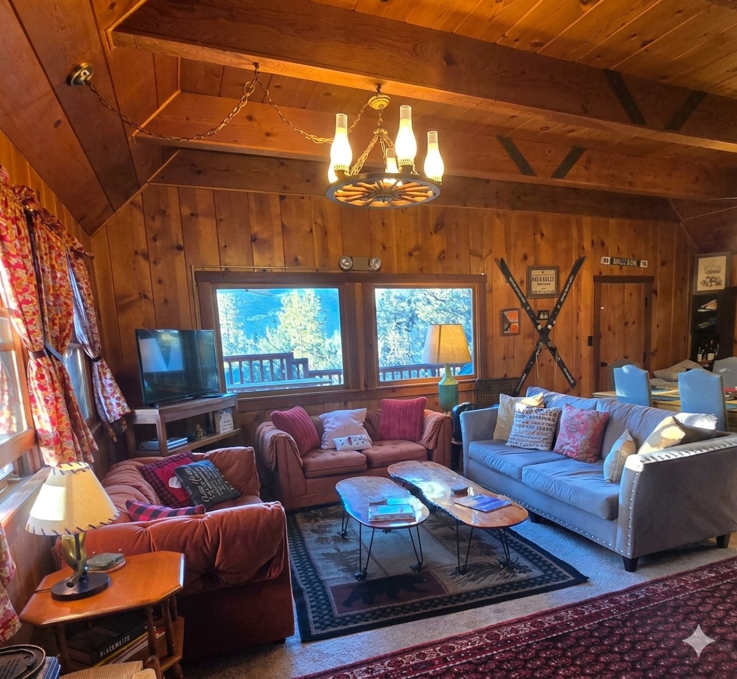 Great room with living, dining and fireplace