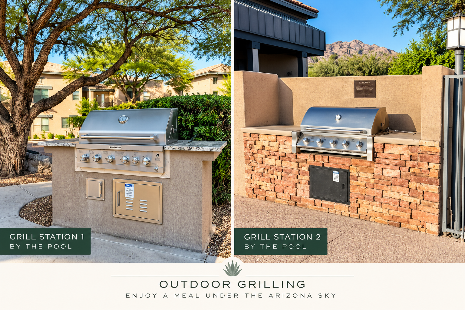 Two outdoor gas grill stations by the community pools, perfect for BBQs, outdoor dining, and relaxing in the Tucson, Arizona sunshine.
