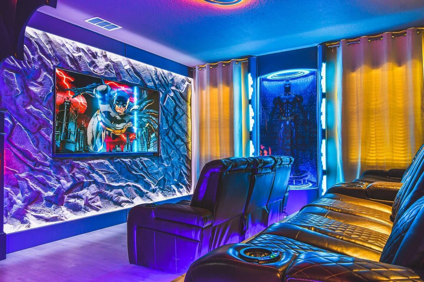 Immerse yourself in the ultimate Batman-themed movie theatre, complete with cinematic details and a foosball table for added fun between films!