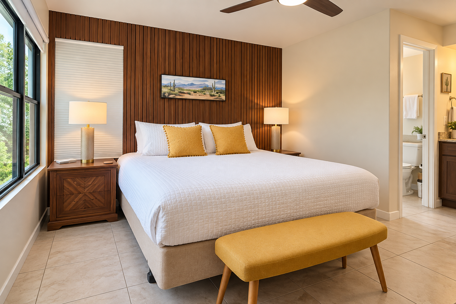 Main bedroom with a luxurious king bed, walk-in closet, private full bathroom, and a Roku TV, ensuring comfort and convenience for a relaxing stay.