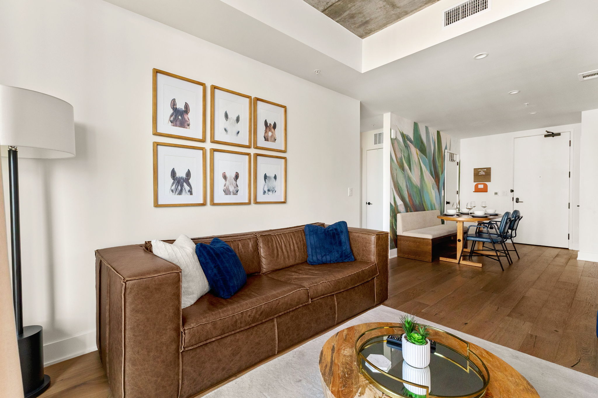 A bright and stylish living room featuring a comfortable brown leather sofa with a gallery wall of horse portraits above it.