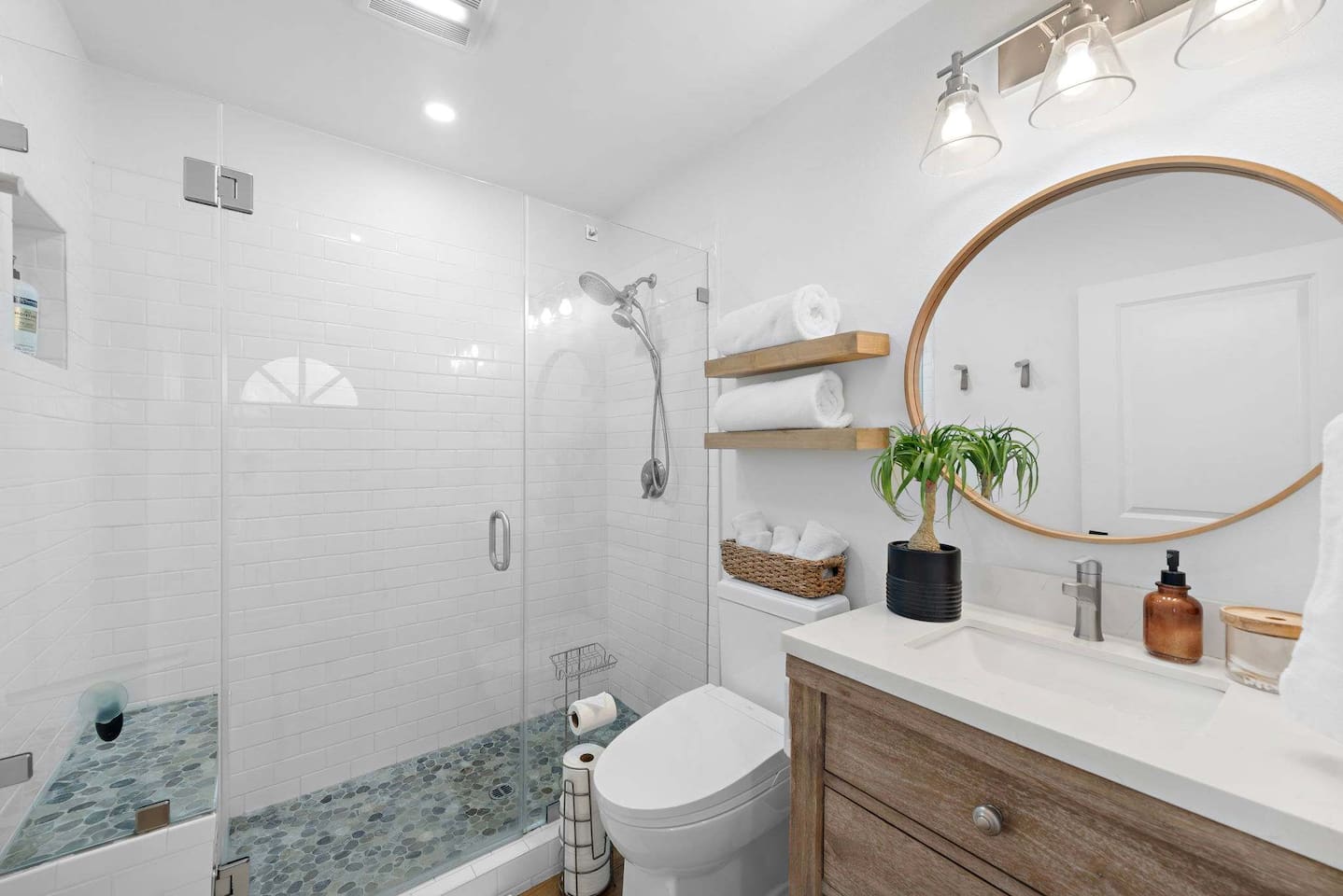 The newly remodeled bathroom is fully equipped with a beautiful tile shower, hairdryer, fluffy towels, soap, shampoo, and conditioner. The building also has a water softener so the shower feels luxurious. There are outdoor showers too!