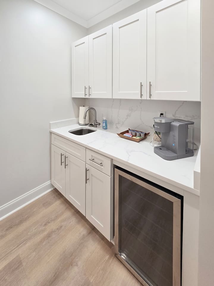 Wine fridge and coffee bar upstairs