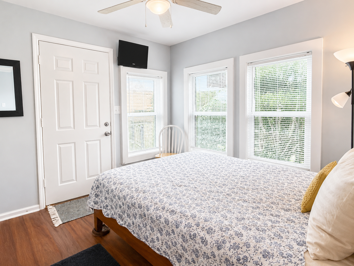 Bedroom 2 has the best windows AND an exterior door for more light and access.