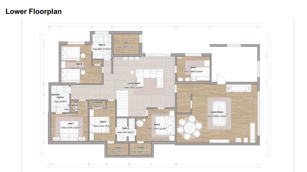 Spacious lower level with bedrooms, game room, and entertainment lounge.