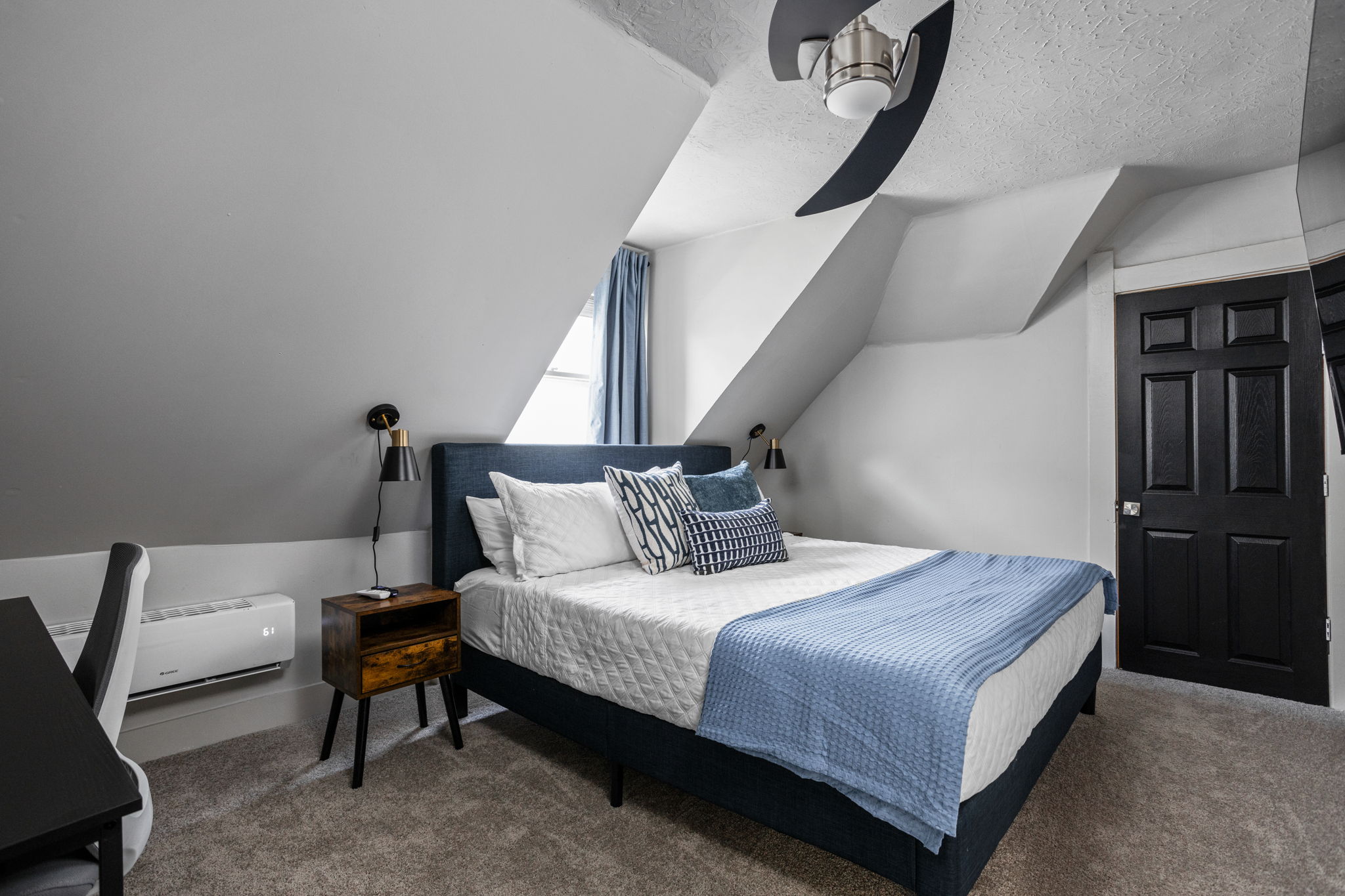 Sleep comfortably in a king size memory foam bed and blackout curtains. Watch your favorite shows and movies on the smart TV.