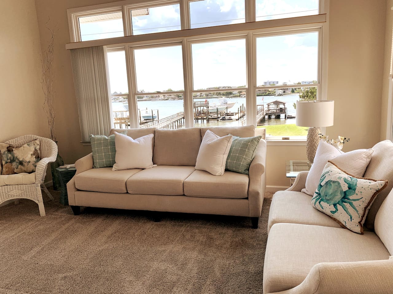 Downstairs Living Area with Banks Channel Waterfront View