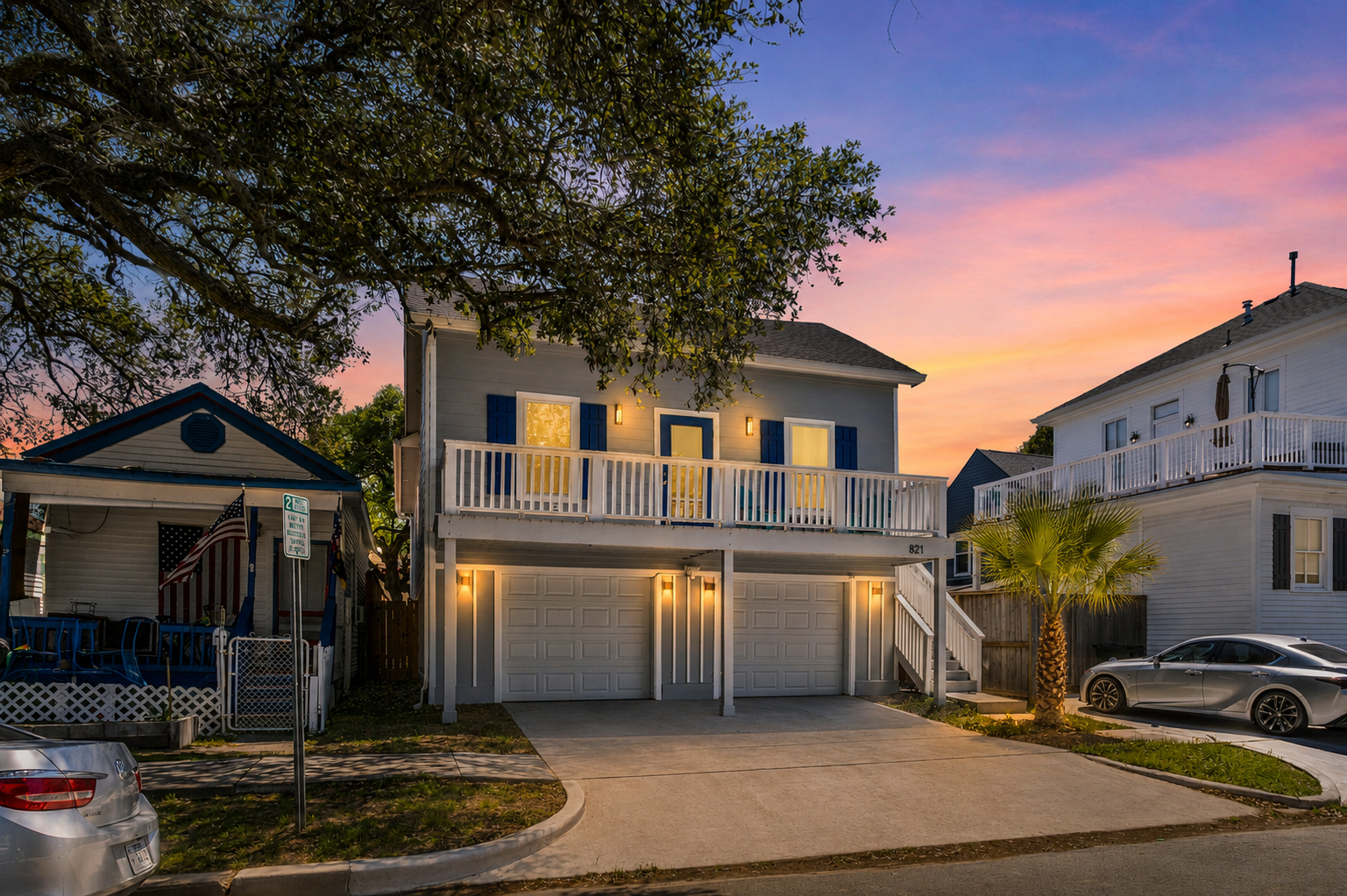 Golden hour at your home away from home — the porch lights are on, and your family's Galveston story starts here.
