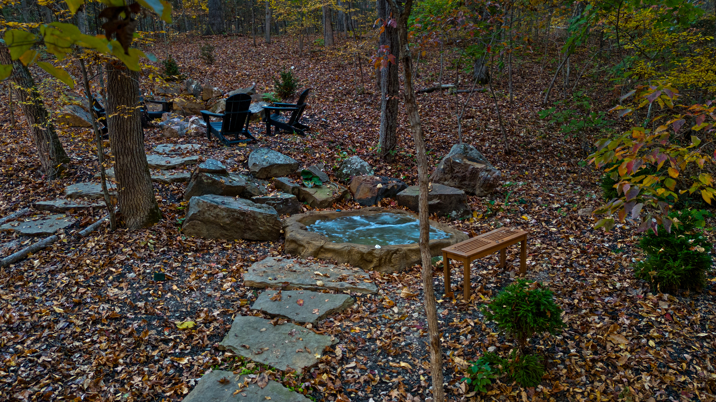 Barn House Fire Pit and Boulder Hot Tub
