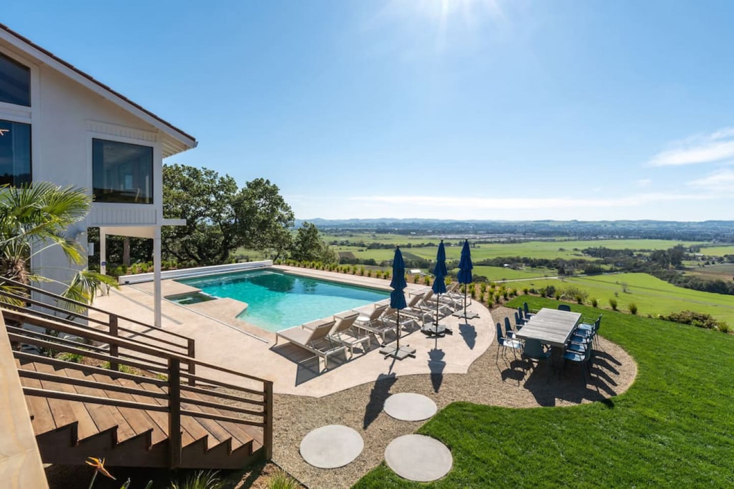 Sky View has all of the outdoor amenities: - Saltwater pool, gas-heated all year, and hot tub- 8 Pool loungers- Outdoor dining for 12- Sectional couch with fire table- Large view deck just off the kitchen- Large lawn with real grass - BBQ