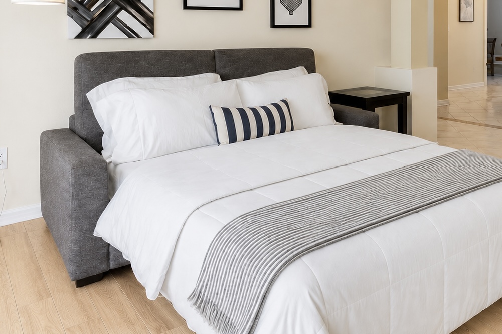 After a day of sunshine and poolside fun, this Queen sleeper sofa transforms into a cozy retreat for a restful night's sleep.