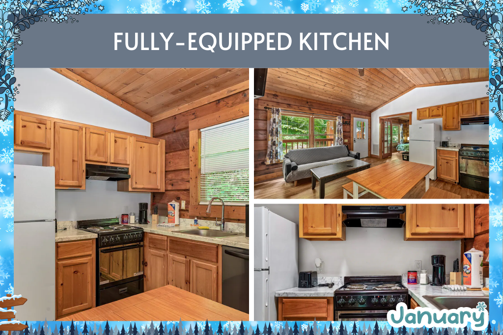Cook with ease in a well stocked kitchen offering full size appliances, cookware, and everything you need for family meals or cozy nights in.