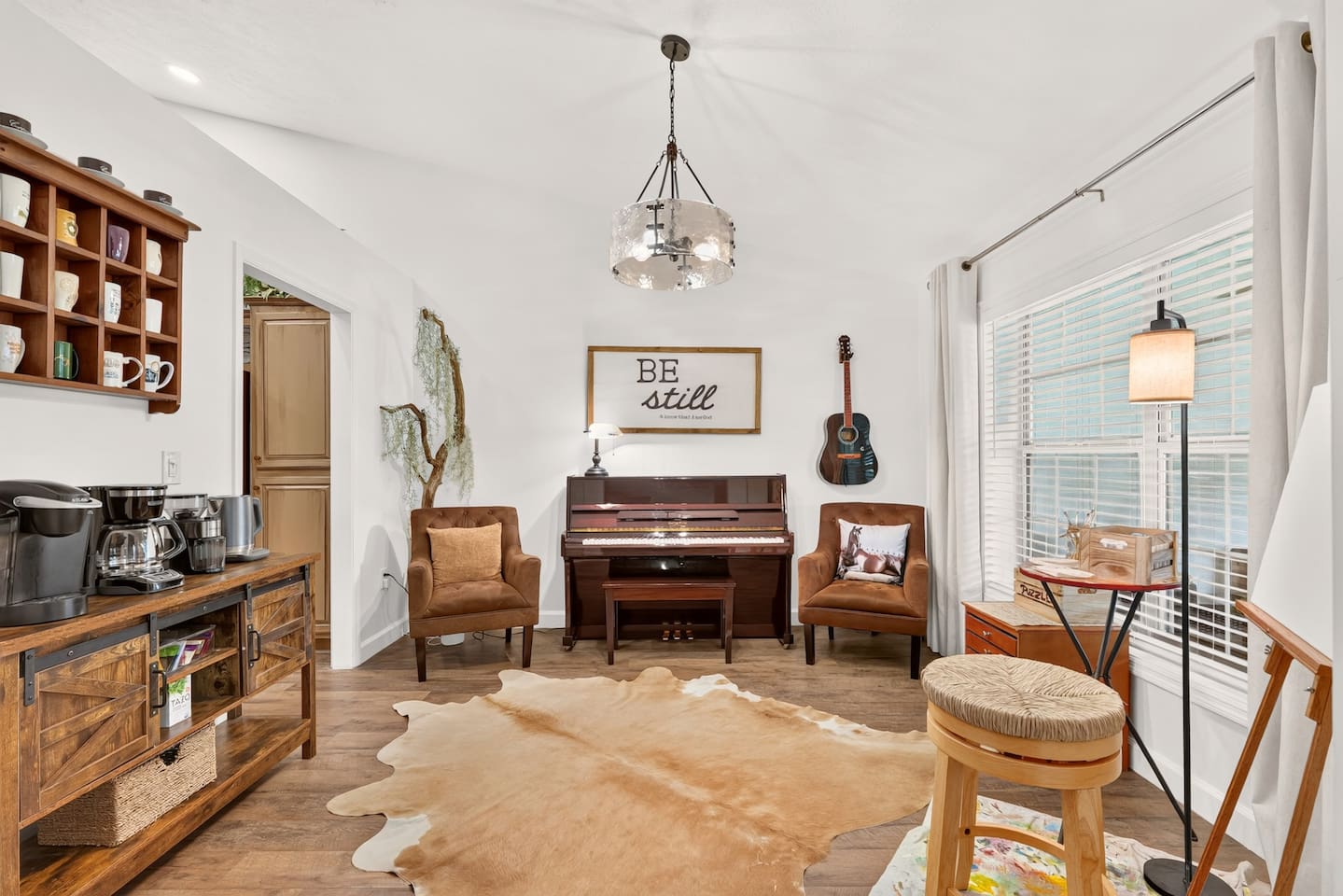 Although music studio does not fully describe this space,, we have provided this amazing creative space with a piano, guitar, and art easel.  We hope you will enjoy this space and ask that you please use these items with care.