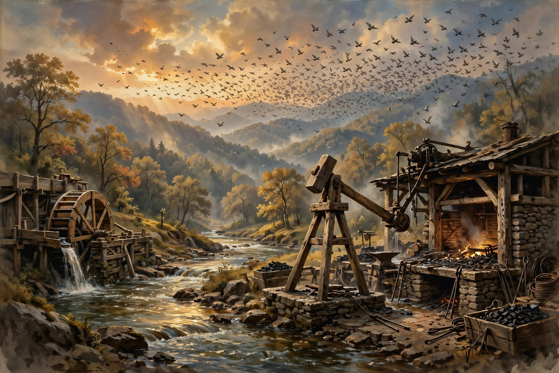 Illustration of an early-1800s iron forge beside the Little Pigeon River with passenger pigeons overhead