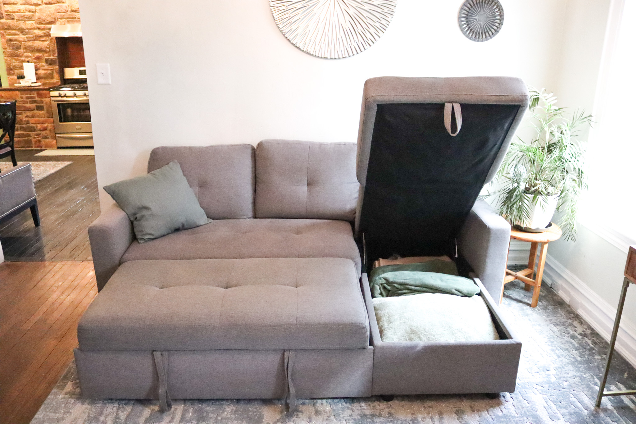 secondary living room with a sleep pull out couch and accent chairs.