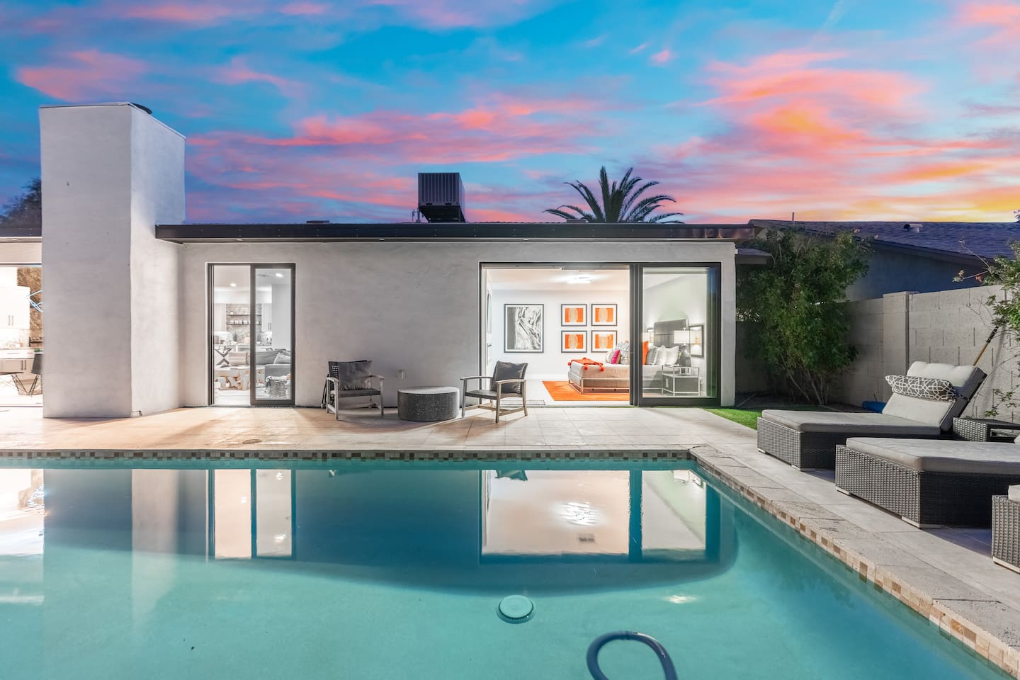 Poolside glow at twilight.