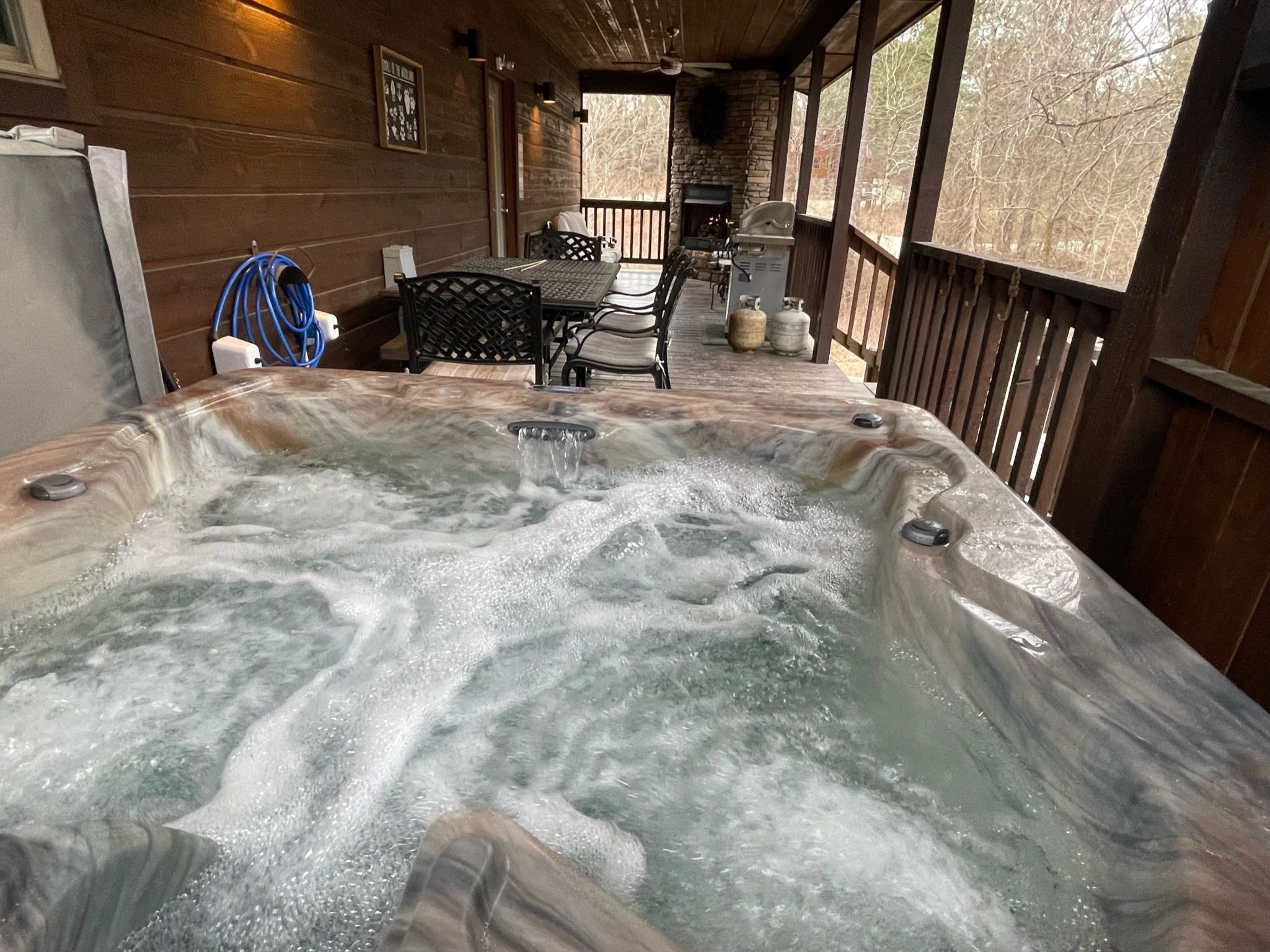 Just looking at this relaxing hot tub soothes your aching muscles.