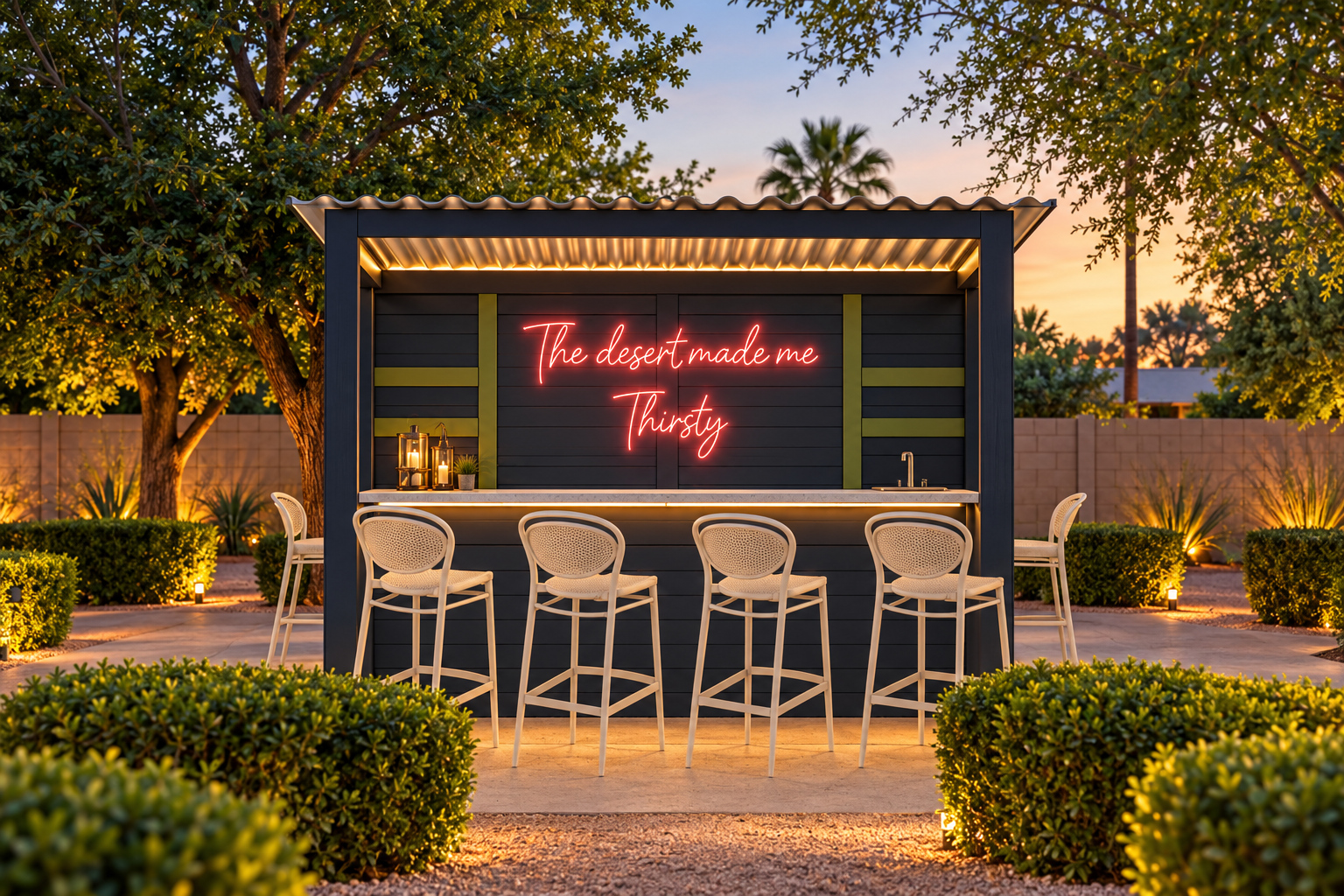 {Outdoor Bar} Grab a drink and stay awhile at Firebird’s backyard bar — complete with a TV and perfectly positioned beside the custom putting green for drinks, games, and desert nights.
