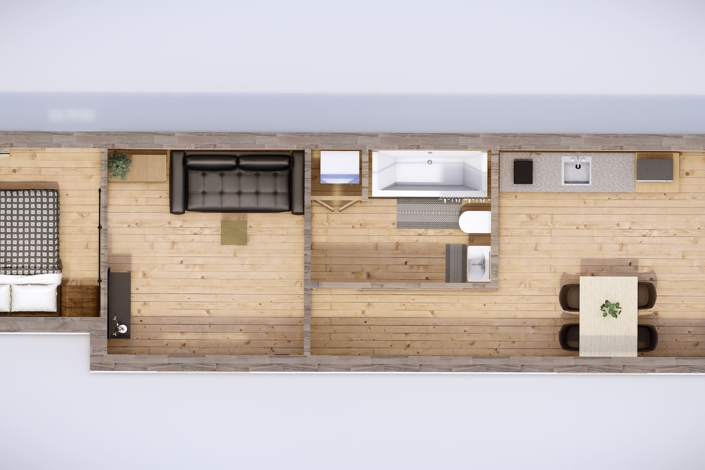 Tiny Elk 3D Floor Plan-Rotated top‑down view highlighting the efficient flow from the kitchen/dining zone through the bathroom and living area into the secluded queen bedroom at the far end.