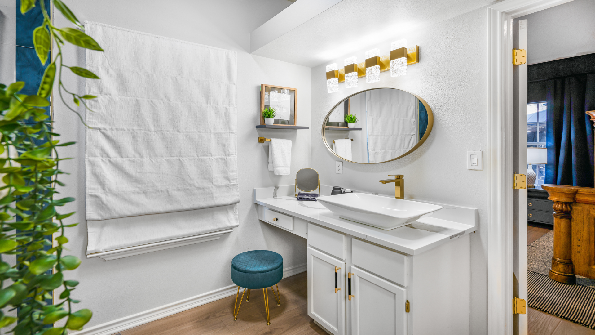 Start your day in style at this chic vanity! With a magnified mirror, bright lighting, and a comfy stool, it’s perfect for your routine. A hair dryer under the sink keeps every detail covered!