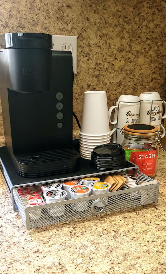 Coffee, creamer, sugar, and tea provided