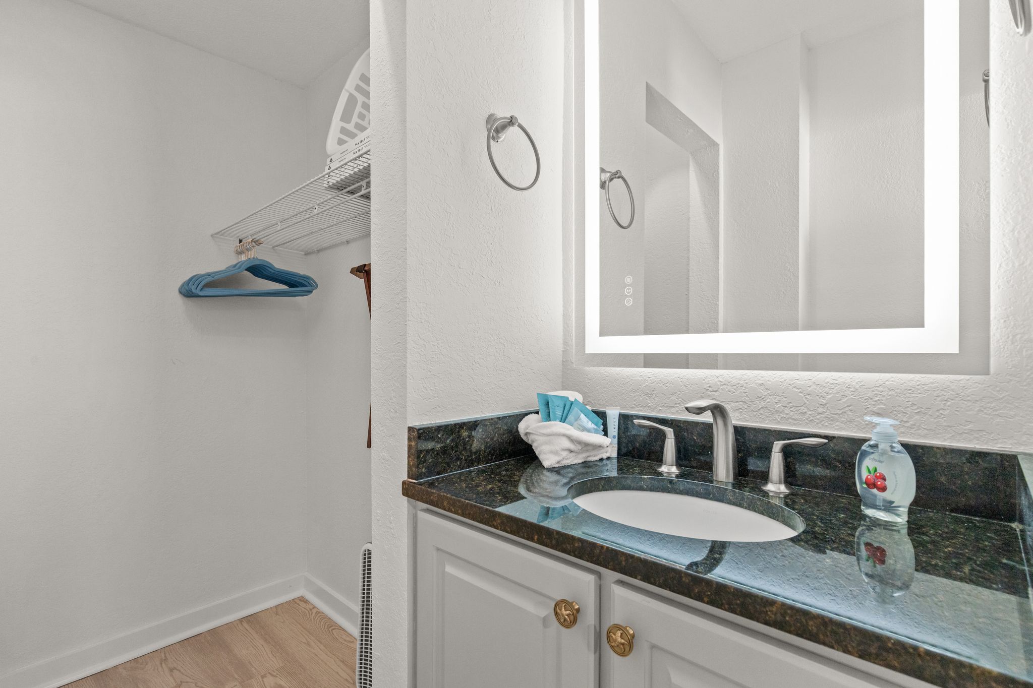Primary suite features a dedicated dressing vanity with an adjacent walk-in closet—a thoughtful setup that makes getting ready easy and keeps everything neatly tucked away.