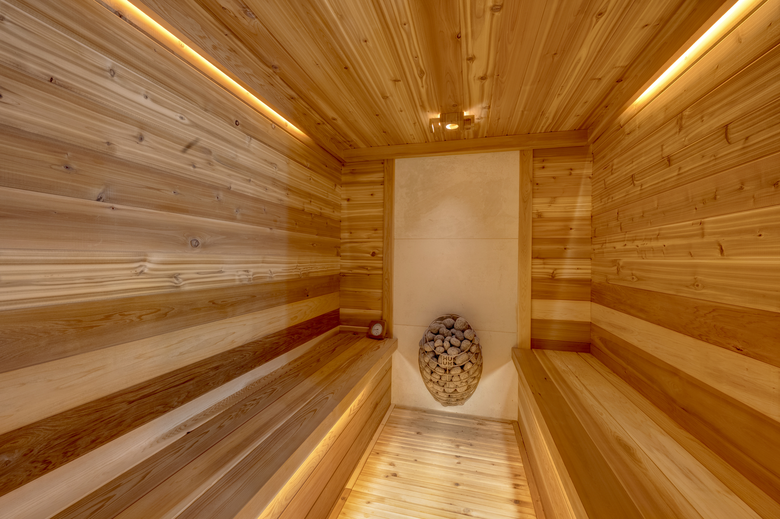 Seasonal hot rock dry sauna — available approximately October through April.