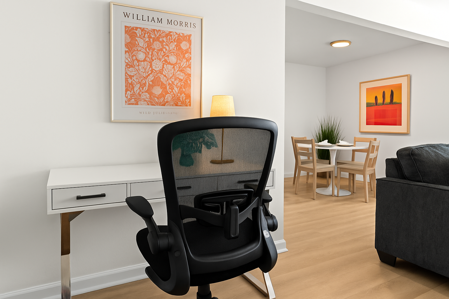 Secondary workstation with desk, chair, and great lighting—perfect for working remotely or catching up on emails.