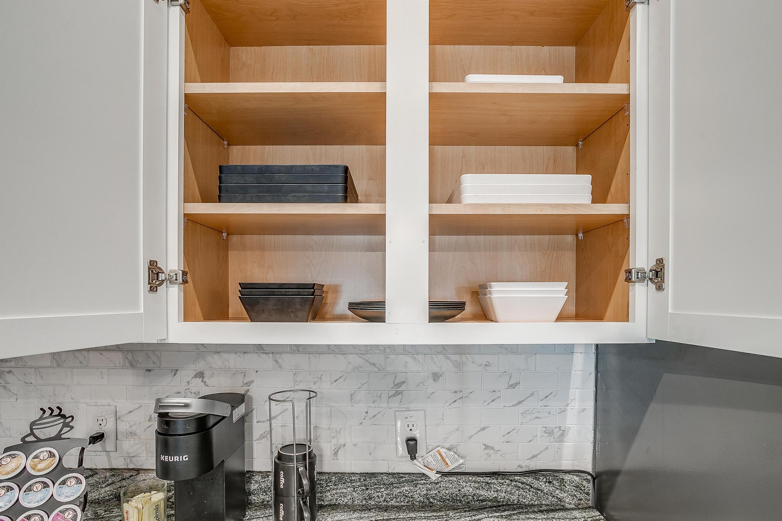 Open shelves for easy access to bowls, mugs, and more.