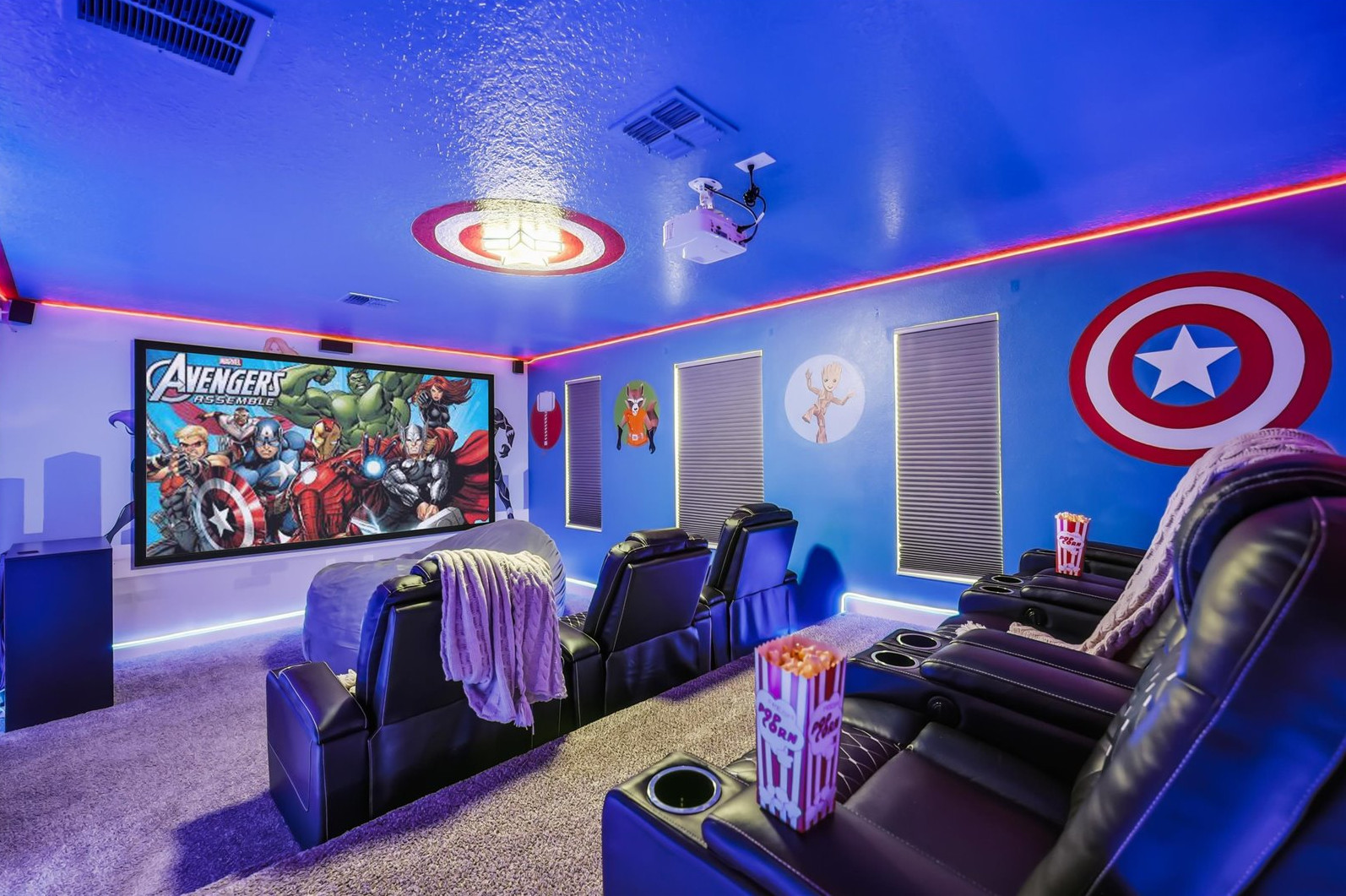 Avengers theater room: 6 reclining chairs, 1 extra large LoveSac