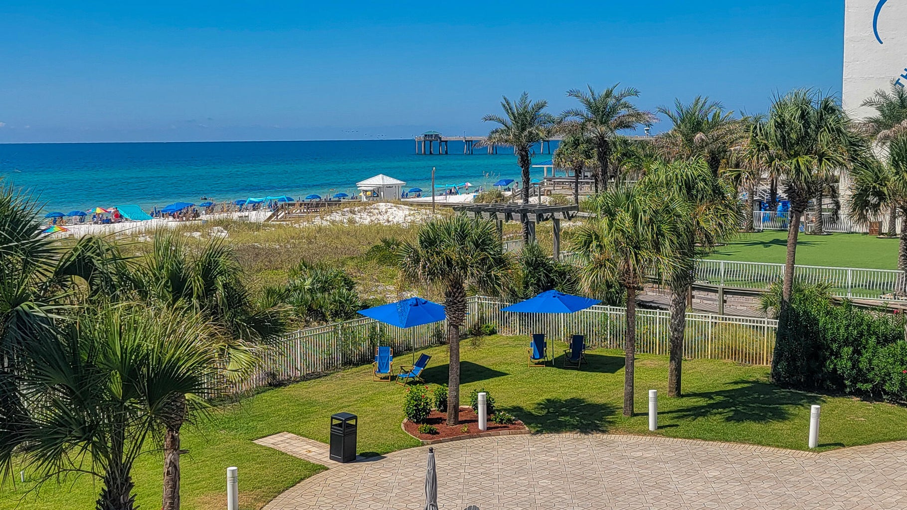 Wide view of the beachside pool area framed by tropical scenery.