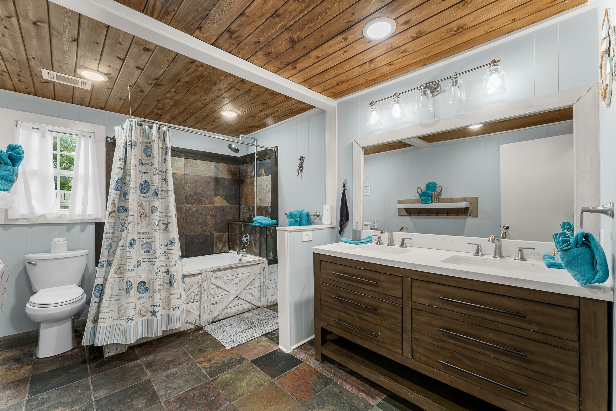 Main bath walnut vanity, upper bath split