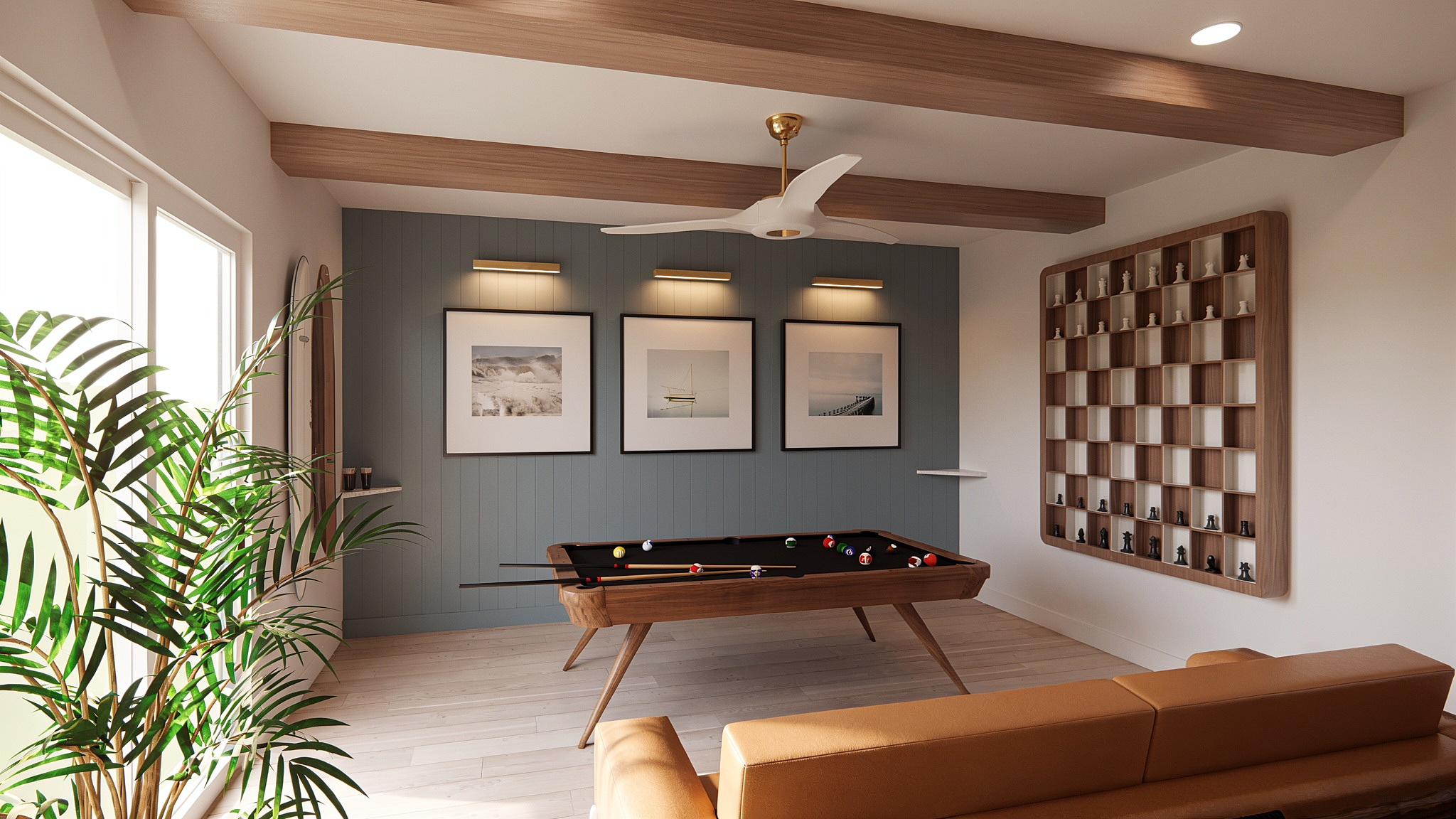 Game Room featuring a Pool Table, Custom-Glass Ping Pong, Shuffleboard, Foosball, and Arcade Games | Rendering 