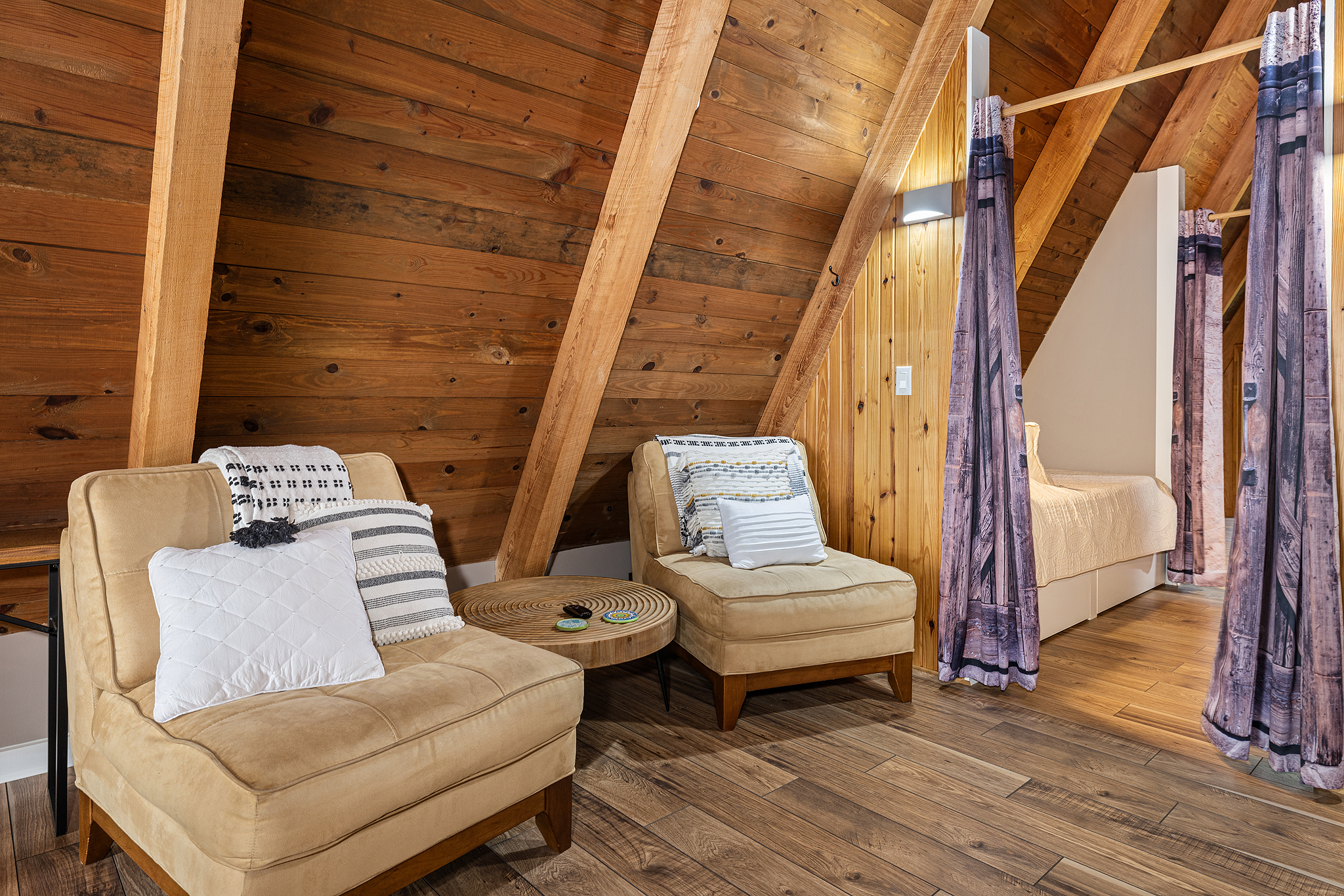 Enjoy a movie night on the TV as the electric fireplace keeps the space cozy.