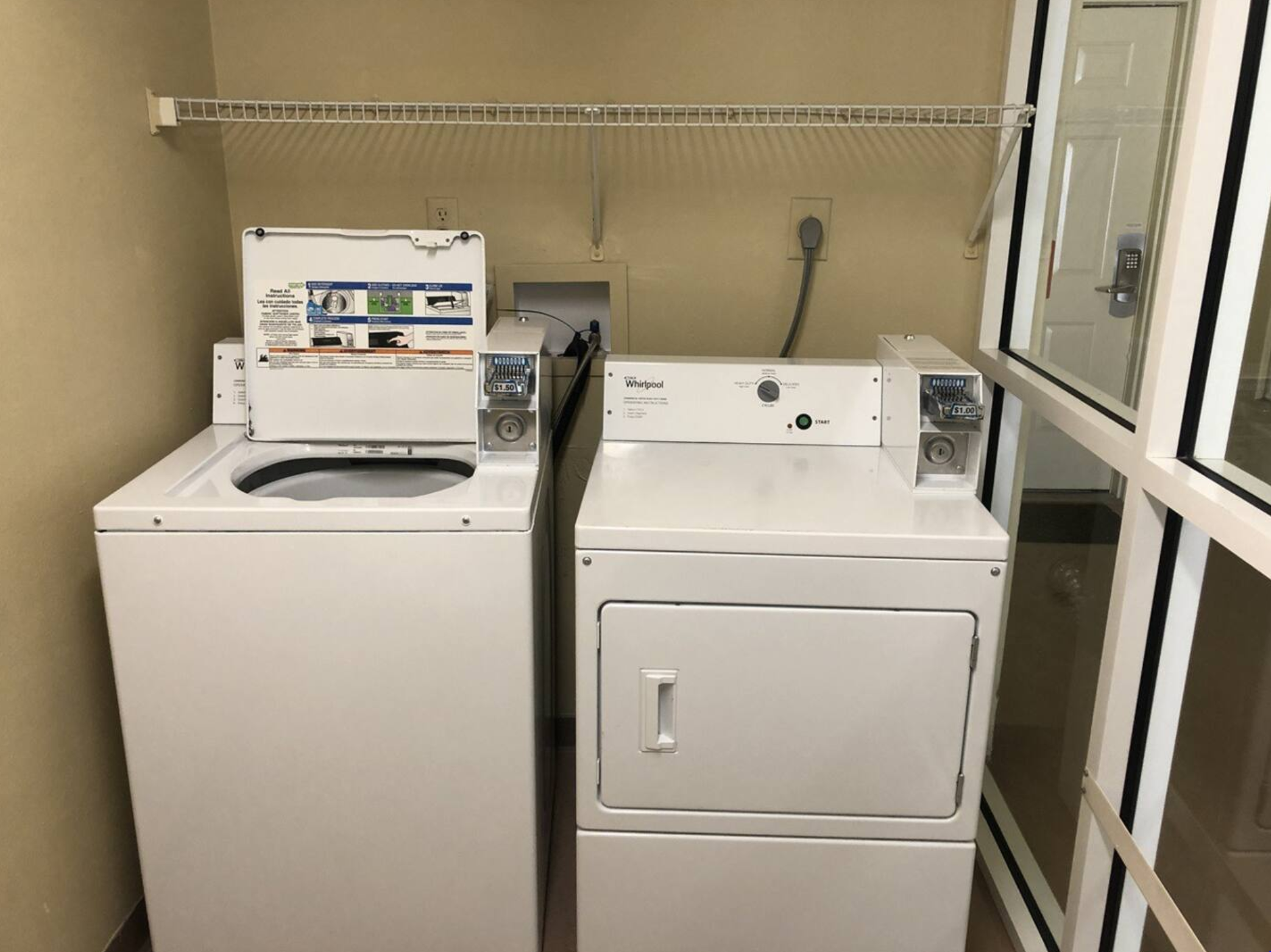 Coin operated laundromat is on the same floor