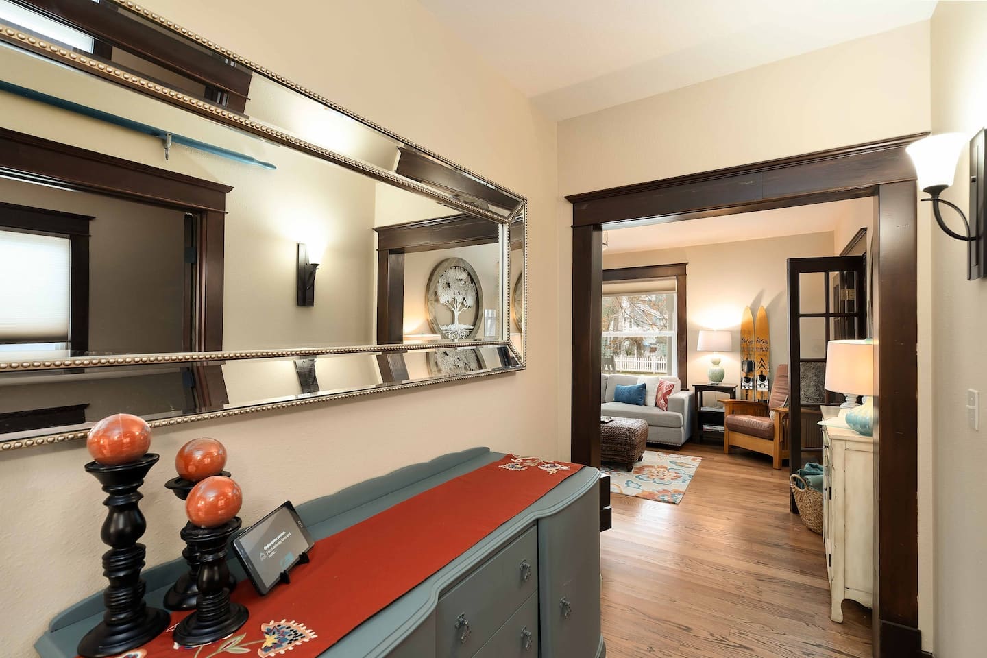 Hallway from kitchen to living room 
(A new cozy red chair replaced brown)