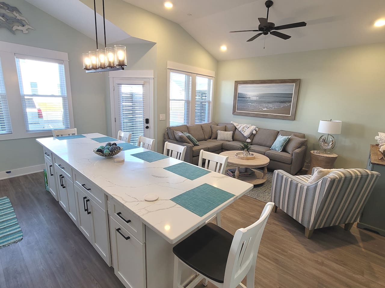 Open living spaces with cathedral ceilings.
