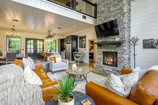 Stylish living room with fireplace and comfortable seating.