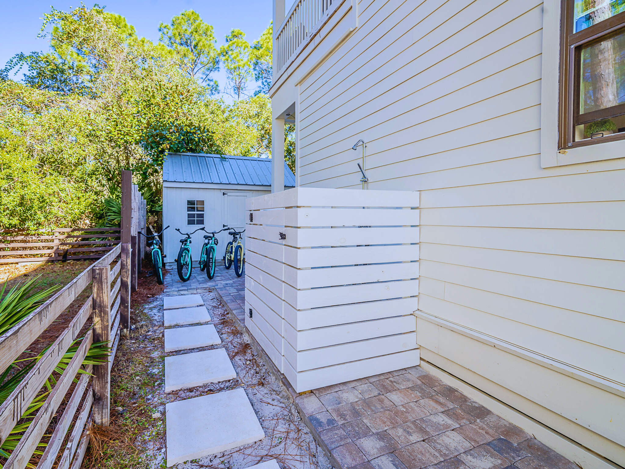 Outdoor shower with hot & cold water for rinsing off the sand after the beach