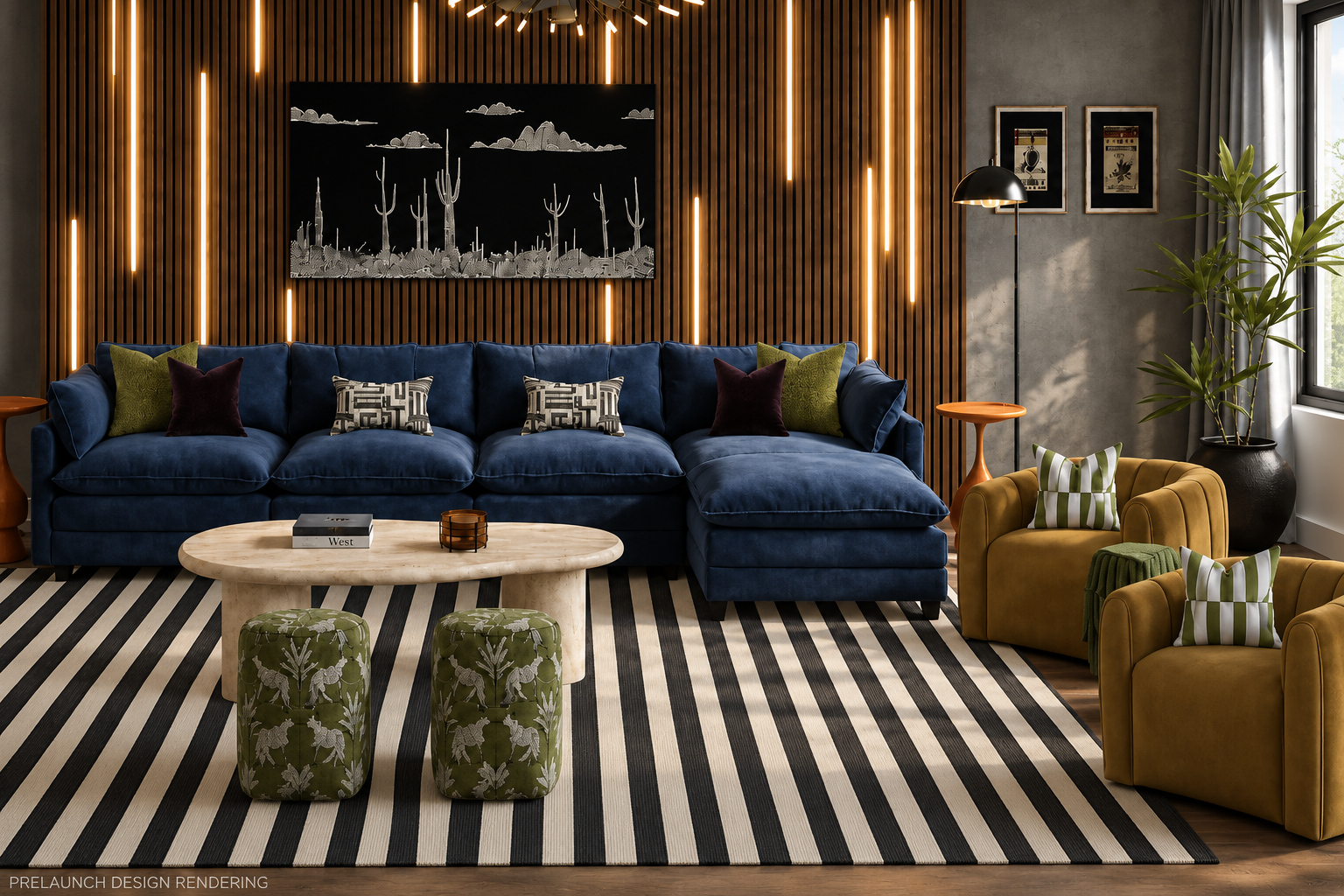 {Great Room} Sink into the oversized sectional, pull up a chair, and settle into Firebird’s dramatic lounge — designed for cocktails, conversation, and your whole crew.