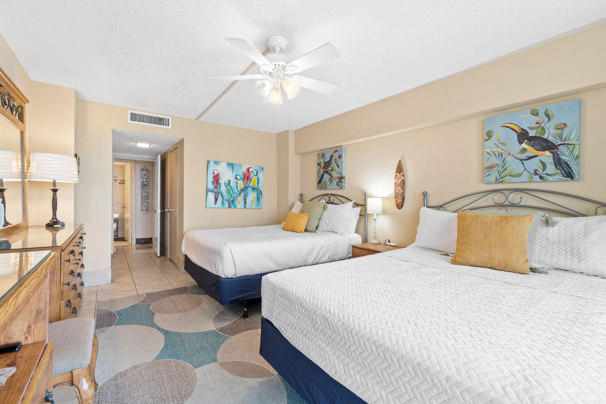 Bedroom 2 with 2 Queen Beds, Balcony Access, and Beach Views