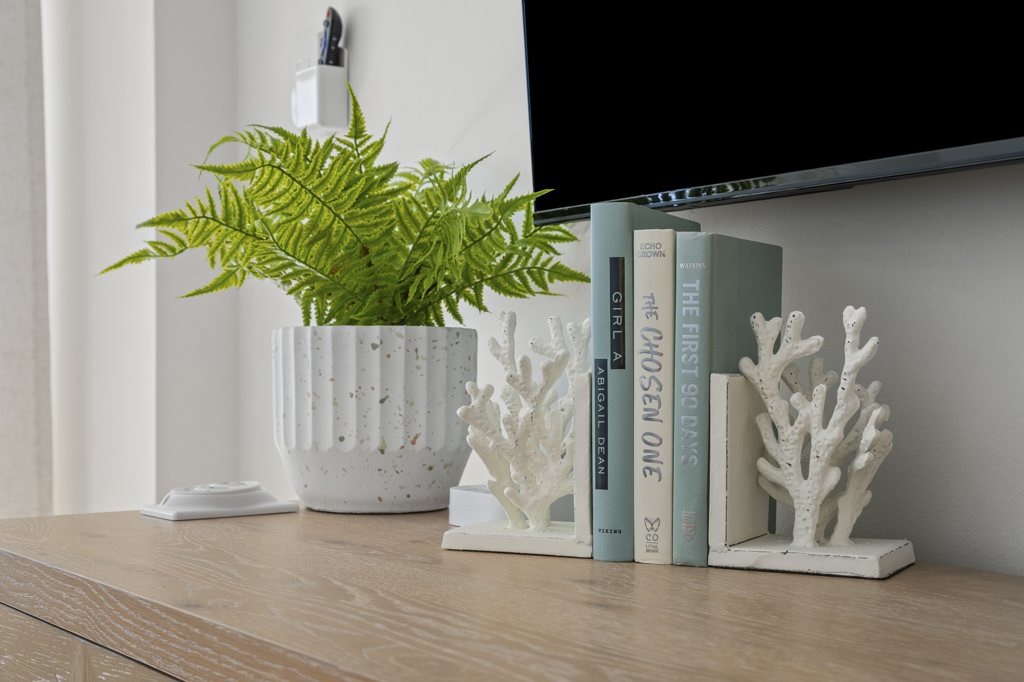Styled with coastal charm, this space features sea-inspired books, white coral accents, and fresh greenery for a breezy, curated touch.