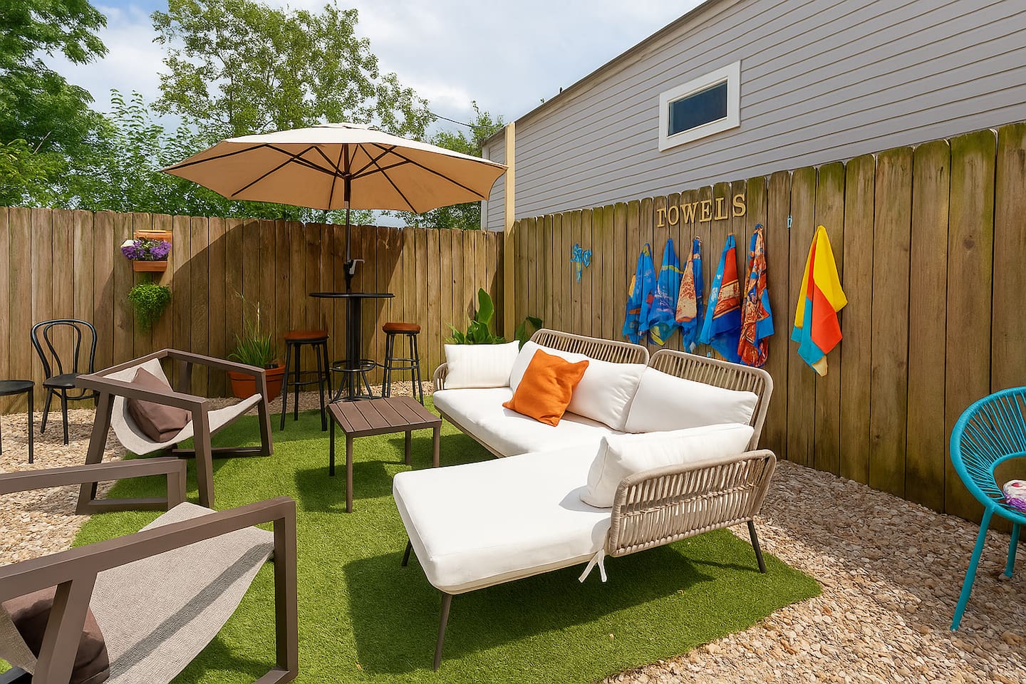 The backyard patio is perfect for enjoying a private hang with your group under the string lights!  Comfy outdoor sectional, high-top dining table, and stylish chairs.  Towels provided for the pool!